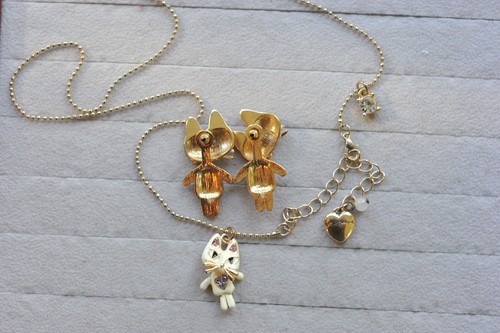 Betsey Johnson Articulated Pink Rhinestone Kitty Cat heart necklace earring set - Picture 12 of 12