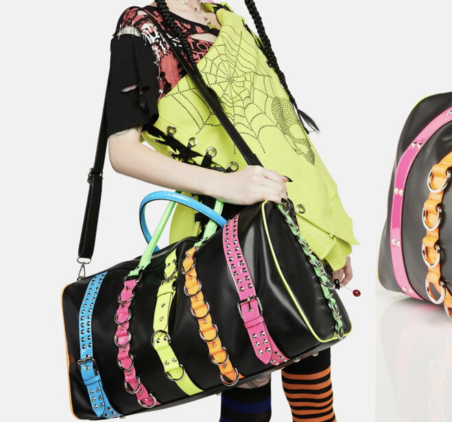 Dolls Kill Black Rainbow neon Circus Punk Retro Goth Weekender Travel Bag