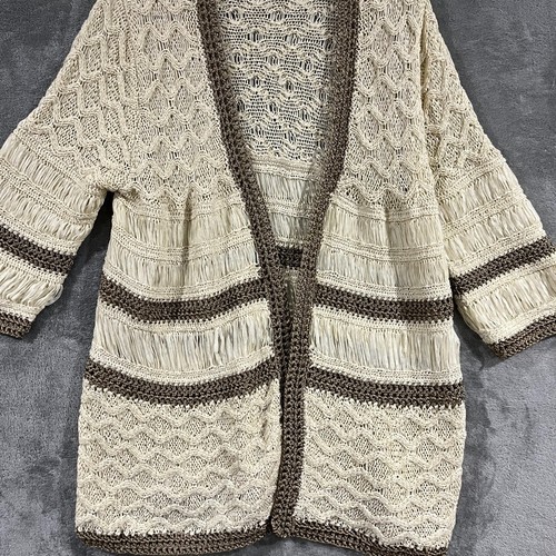 Chico's Strickjacke Pullover gehäkelt gestrickt Langleine offene Vorderseite Elfenbeingold Boho Gr. 3 - Bild 2 von 10