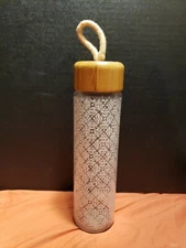 Ello Thrive Glass Water Bottle with Wood Cap. White Patterned W/ Strap bpa free