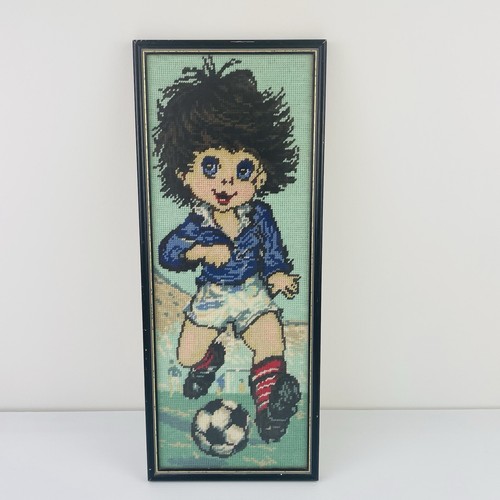 Vintage Big Eye Boy Needlepoint Soccer Player Completed Retro Framed 51cm x 21cm - Picture 7 of 13