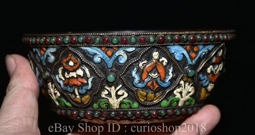 5.8 " Old Tibet Buddhism Bone Painting Eight Treasures Auspicious Bowl Bowls - Picture 6 of 11