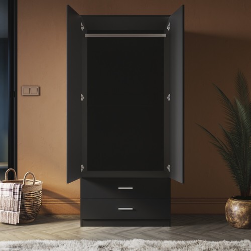 Wooden Wardrobe 2 Door 2 Drawer | 180cm Black | High-Quality Cupboard - Picture 7 of 15