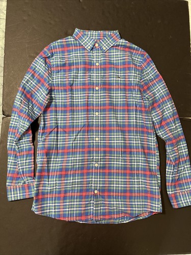 Vineyard Vines Whale Plaid Flannel Long Sleeve Button Up Shirt Kids XL Blue - Picture 5 of 9
