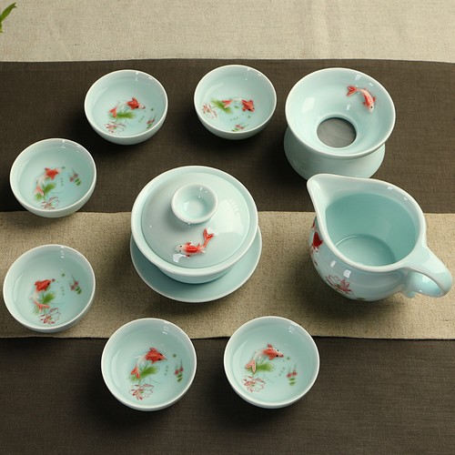 Longquan Celadon Complete Tea Set Porcelain Tea Pot Gaiwan Tureen Tea Cups Fish - Picture 5 of 12