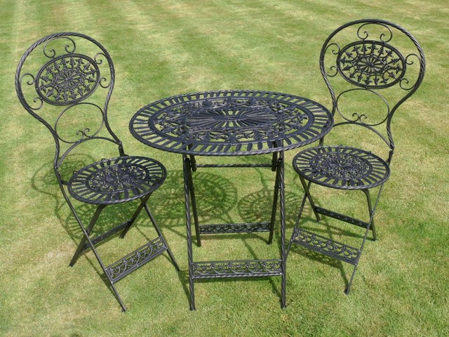 Black Metal Vintage Style 3 Piece Bistro Patio Garden Furniture Set 3pc Black Bistro Set Oval Folding Garden Patio Metal Furniture