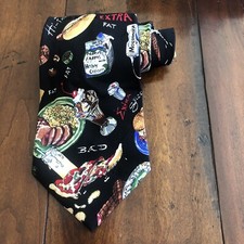 Nicole Miller Hamburger Hot Dog Fries Ice Cream Pizza Black Silk Men Tie 90s Vtg