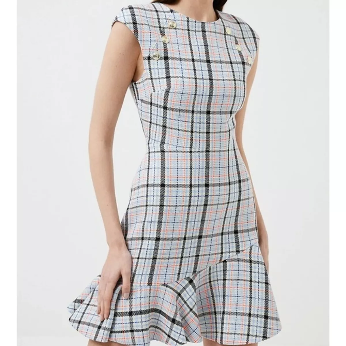 Karen Millen Cotton Blend Check Tweed Flippy Hem Mini Dress