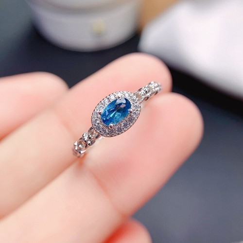 Oval Natural London Blue Topaz Halo Diamond Engagement Ring 925 Sterling Silver - Picture 4 of 11