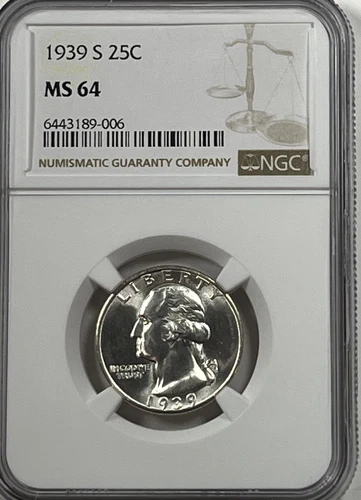 1939-S Washington Quarter : NGC MS64  Blazing White