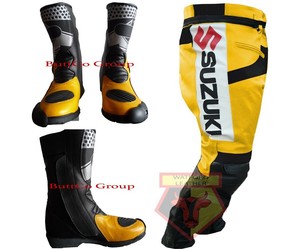SUZUKI-GSX-YELLOW-MOTORBIKE-COWHIDE-LEATHER-ARMOURED-TROUSER-WITH-MATCHING-BOOTS