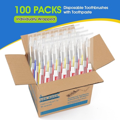 HOMVLE 100 Packungen Einwegzahnbürsten mit Zahnpasta, einzeln gelb - Bild 2 von 6