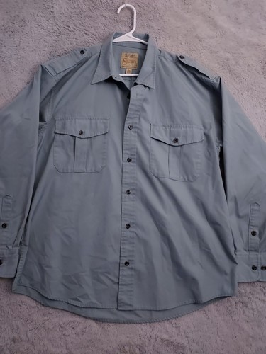 Cabelas Safari Series Shirt Mens Large Blue Epaulets Canvas Safari Bush Military - Picture 2 of 9