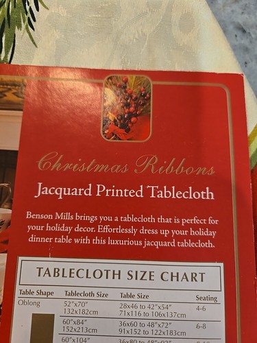 NEW - Benson Mills Christmas Ribbons Printed Jacquard Round Tablecloth 70" - Picture 6 of 13