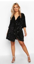  LOVELY BOOHOO SZ 24 BLACK VELVET SEQUIN TWIST DESIGN MOCK WRAP DRESS TUNIC NEW