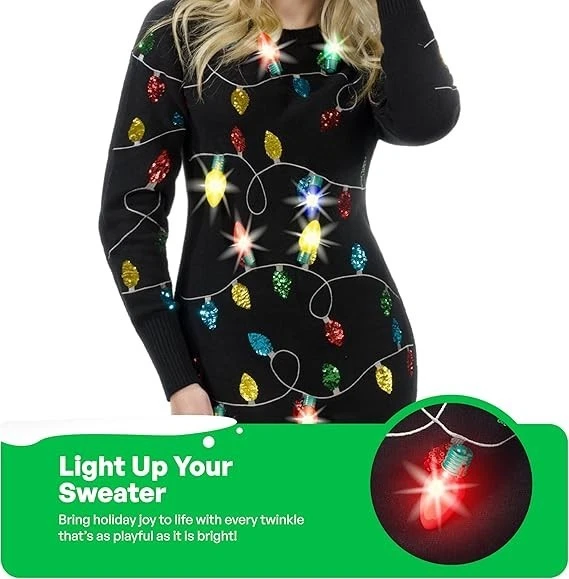 Womens Light Up Ugly Christmas Sweater Dress with Colorful Light Up Bulb, Black - Image 4 of 4