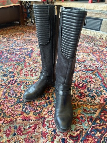 VINCE CAMUTO GOLD BUCKLES/zippersLOGO BLACK TALL RIDING BOOTS US6 MotoRockabilly - Picture 2 of 7