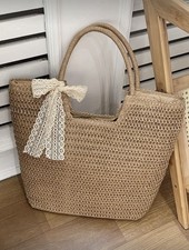 Large Woven Straw Tote Bag Boho Beach Shoulder Bag w Lace Bow