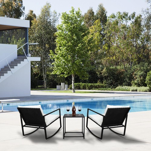 Outdoor Wicker Rocking Chair 3PCS Set Rattan Patio Furniture Table with Cushions - Picture 2 of 12