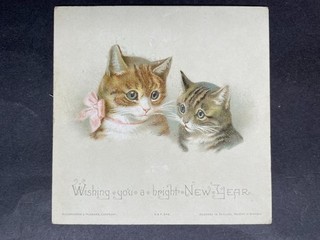 VICTORIAN GREETING CARD NEW YEAR CATS KITTENS HILDESHIEMER & FAULKNER