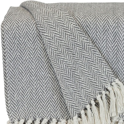 Handloomed Light Gray Cotton Throw Blanket with Tassels - Picture 5 of 7