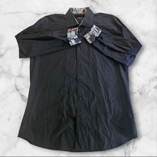 Rare Jared Lang Mens Shirt Large Black McQueen Print Cuffs Collar Contrast Trim - Picture 2 of 13