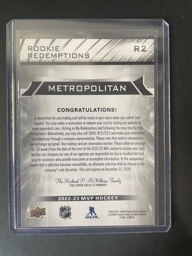 2022-23 Upper Deck MVP Rookie Redemptions Metropolitan - With Code - Card #R2 - Picture 3 of 3