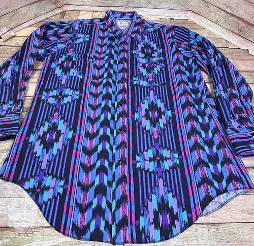 Vtg H Bar C Western USA Made Shirt Mens 16/34 Geometric Cowboy Aztec 80s - Picture 3 of 6