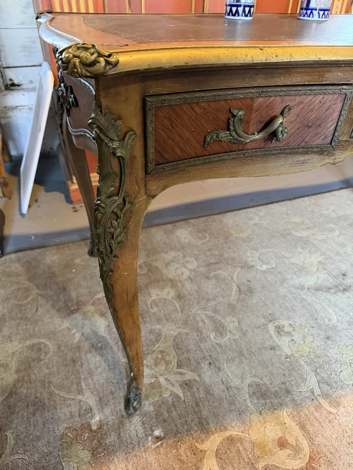 Antique French Louis XV Style Bronze Mounted Leather Top Three Drawer Desk - Image 3 of 4