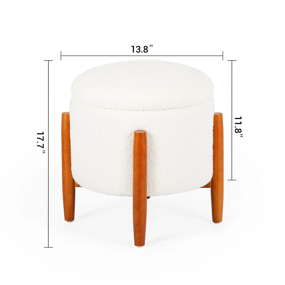 Livingroom Round Storage Ottoman Modern Teddy Velvet Footstool with Wood Legs - Image 2 of 4