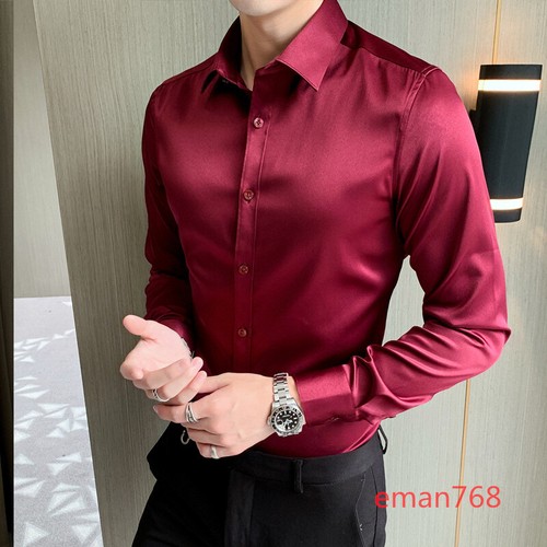 Men's Faux Silk Long-Sleeved Shirt Button Down Business Dress Shirts Formal Tops - Picture 18 of 18