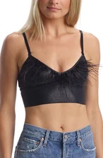 Commando Faux Leather Feather Trimmed Bralette Crop Top Black Medium