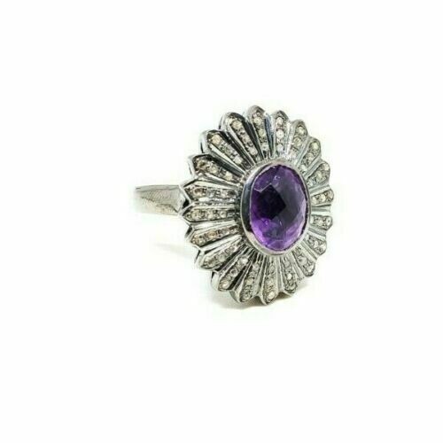 Encantador Pavé de Diamante y Púrpura Amatista 925 Anillo Plata Ley Aniversario - Imagen 2 de 9