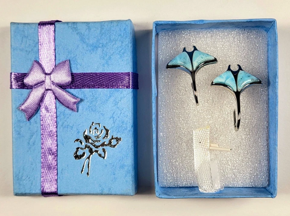 Blue Larimar Manta Ray Earrings in Rhodium Plated Sterling Silver 925 Jewelry - Image 2 of 4