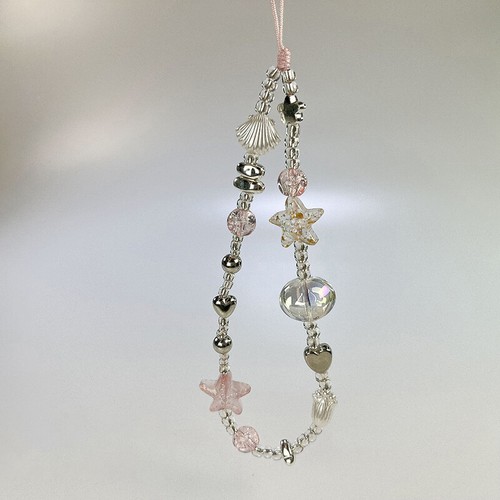 Fashion Y2K Cell Phone Lanyard Wrist Strap Sweet Pink Silver Beaded Phone Strap - 第 2/5 張圖片