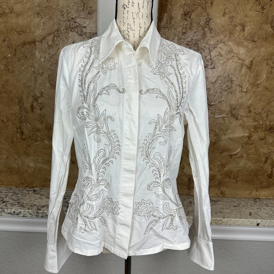 Camisa De Colección Basix II Top Mujer 12 Blanco Adornada Retro Con Cuentas Botón Delantero Foto 2 de 4