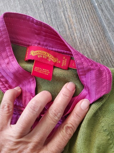 Y2K Shanghai Tang Lime Green 100% Wool Cardigan W/ Pink Silk Trim. Worn Only. L - Picture 3 of 6