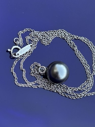 Tiffany & Co 18K White Gold Tahitian Pearl Diamond .17 Carat Necklace, 18 Inches - Picture 16 of 24
