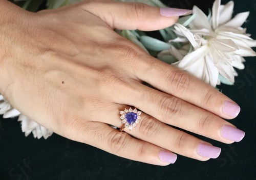 Tanzanite Halo Trillion Cut Ring, Engagement Ring, 14k Gold Plated Silver Ring - Picture 5 of 10
