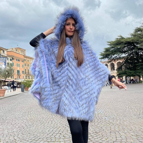 Women Genuine Silver Fox Fur Hood Poncho Coat Real Nature Fur Wrap Shawl Outwear - Picture 13 of 26