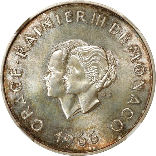 1966 Monaco Silver 10 Francs, NGC MS 67, Attractive Example