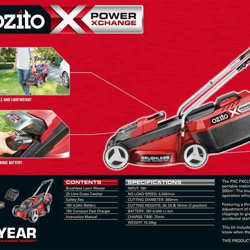Cordless Lawn Mower Ozito PXC 18V Brushless Motor Grass Trimmer Battery Charger - Picture 7 of 8