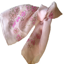 Floral Scarf Oblong Soft Pink Sheer Metallic Gold Feminine Poly Blend 40  x 17  
