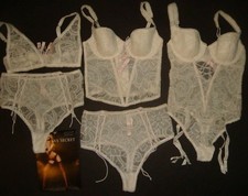 Victoria's Secret 32C,34C CORSET TOP BRA SET GARTER TEDDY embroid coconut WHITE