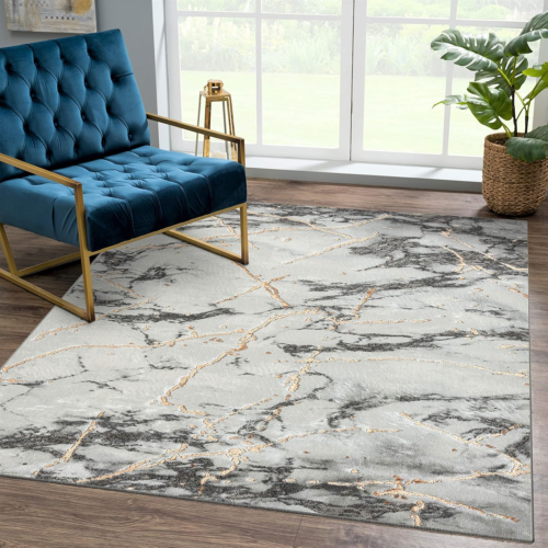 Ivory Gold 6X9 Marble Abstract Area Rug