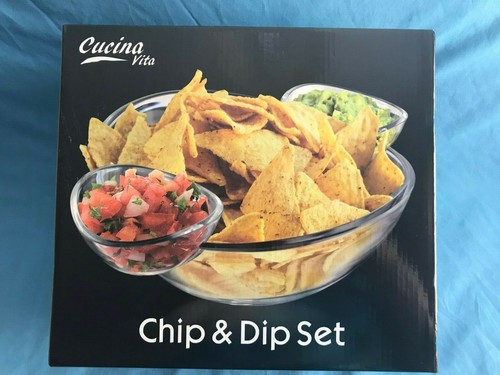 New 3 Piece Cucina Vita Clear Plastic Oval Chip & Dip Set Oval Salad Bowl - Picture 8 of 10