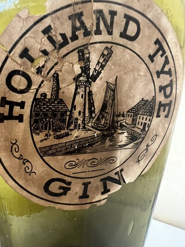 Antiguo estuche de ginebra holandés holandés tipo botella verde 11” etiqueta de corcho en relieve siglo 1800 - Imagen 9 de 22