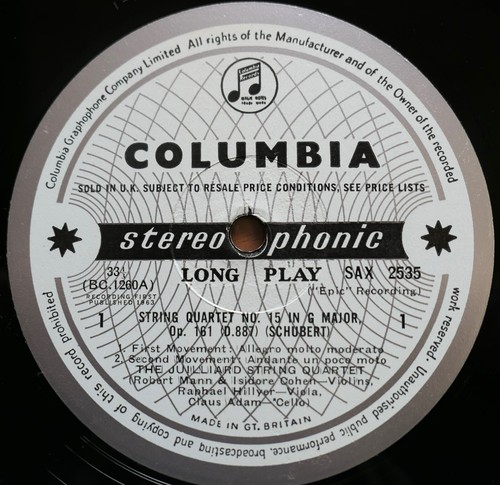 SAX 2535 ED1 Schubert String Quartet no. 15 Juilliard NEAR MINT Columbia 1st B/S - Picture 2 of 6