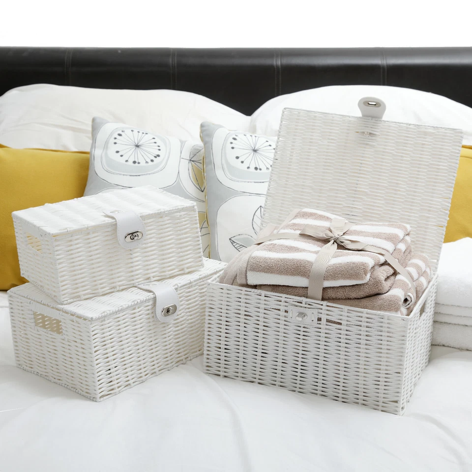 Storage Basket Hamper Resin Woven White Set of 3 Box With Lid & Lock - Image 2 of 4