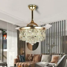 42" Modern Crystal Invisible Ceiling Fan Light Remote LED 3-Color Chandelier